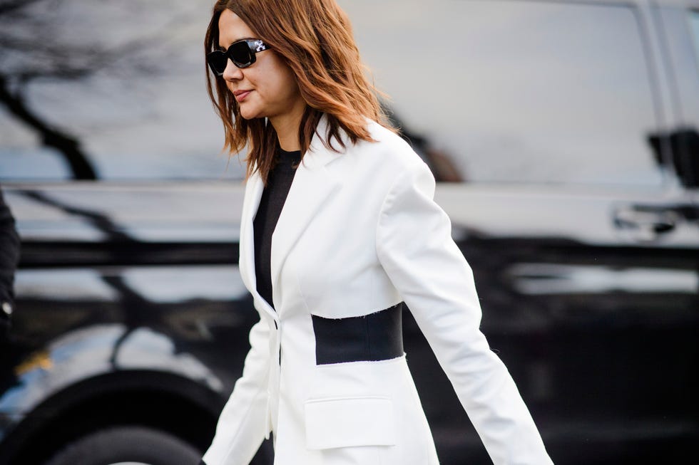 White, Clothing, Street fashion, Black, Blazer, Eyewear, Fashion, Outerwear, Black-and-white, Suit, 