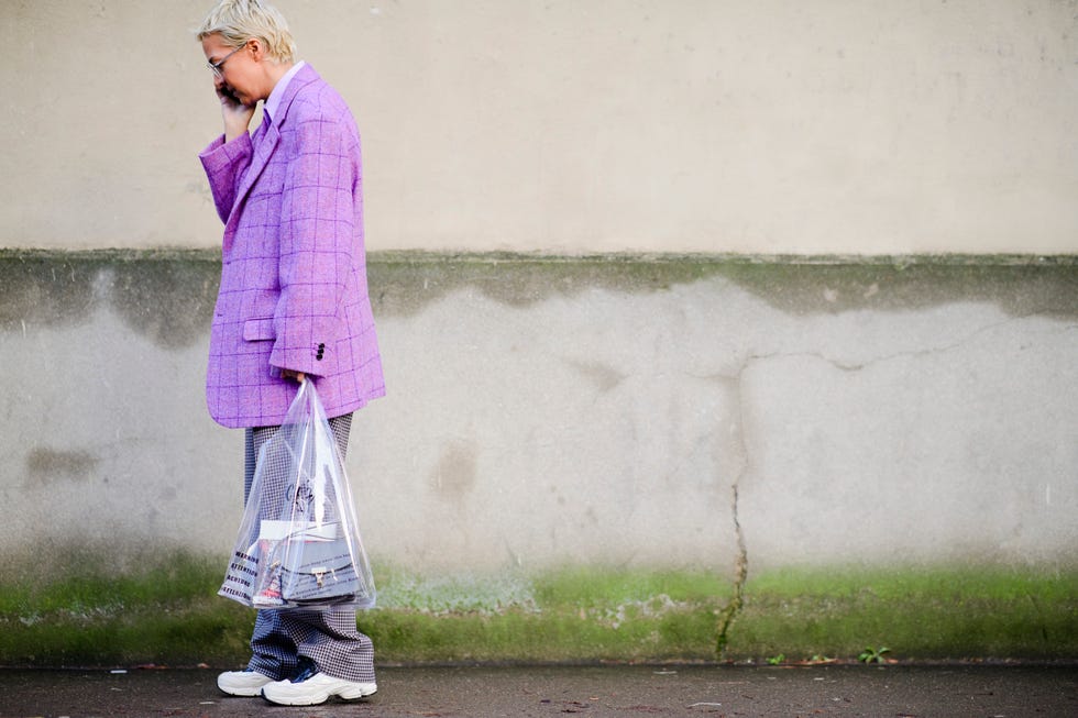 White, Photograph, Street fashion, Pink, Purple, Clothing, Standing, Fashion, Outerwear, Violet, 