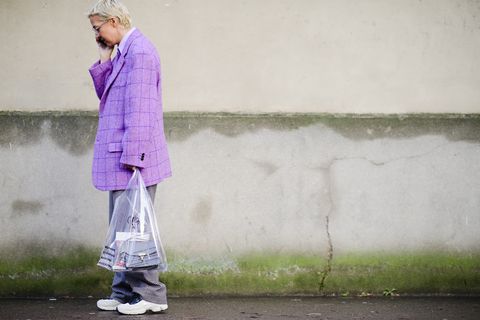 White, Photograph, Street fashion, Pink, Purple, Clothing, Standing, Fashion, Outerwear, Violet, 