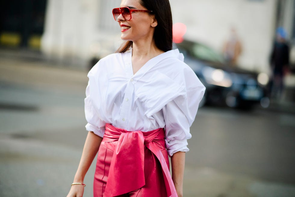 White, Street fashion, Clothing, Pink, Shoulder, Fashion, Red, Eyewear, Beauty, Fashion model, 