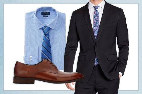 Suit, Clothing, Formal wear, Blue, Footwear, Outerwear, Brown, Shoe, Blazer, Button, 