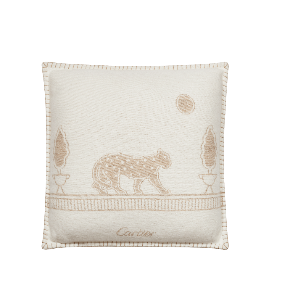 panthère de cartier cushion, merino wool and cashmere cover, hand finished, polyester filling dimensions w 50 x l 50 cm