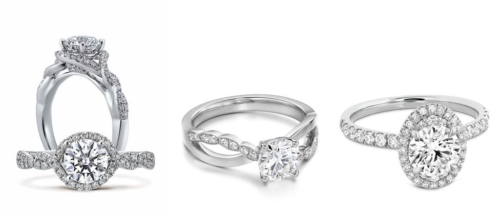 由左至右：INTERLACE鑽石戒指 鉑金(主鑽1ct)、LORELEI鑽石戒指 白K金款式(主鑽0.30ct起)、JULIETTE OVAL戒 指 白K金(主鑽1ct起)