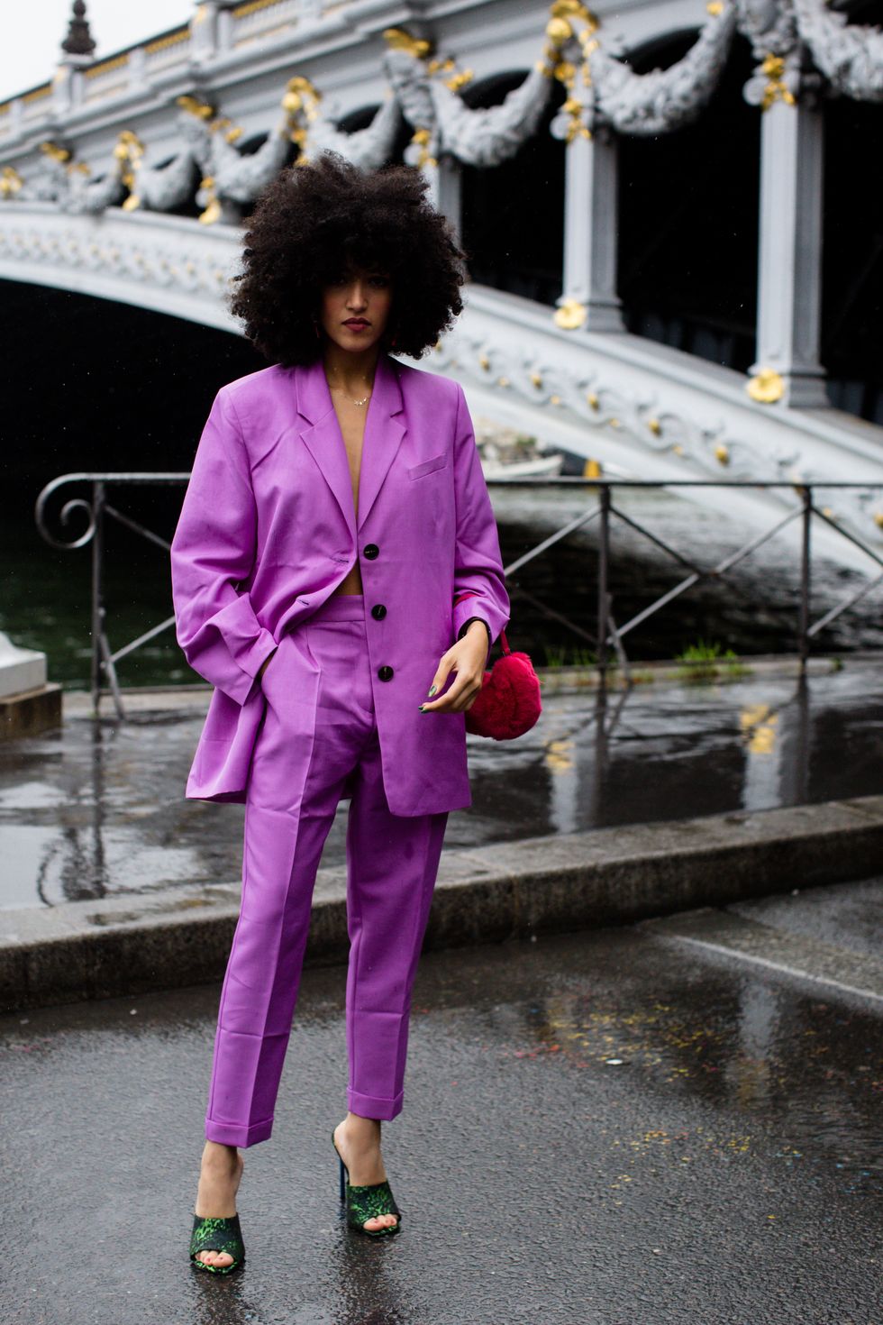 Purple, Street fashion, Pink, Clothing, Fashion, Violet, Pantsuit, Magenta, Outerwear, Coat, 