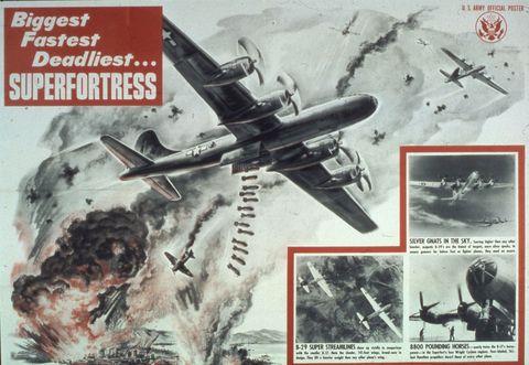 entitled 'biggest, fastest, deadliest�superfortress,' the us army air force poster extols the virtues of the boeing b 29 superfortress heavy bomber, 1944 a large illustratiopn of the bomber as drops its payload above a the flames of a burning city in mid combat is accompanied by three smaller, and considerably more sedate photographs of the plane two in flight and one on the ground photo by photoquestgetty images