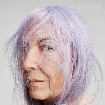purple hair facing camera