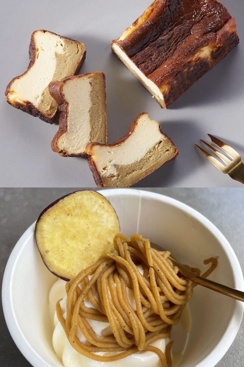 写真左から「蜜芋バスクチーズケーキ」、「蜜芋ソフトクリーム」