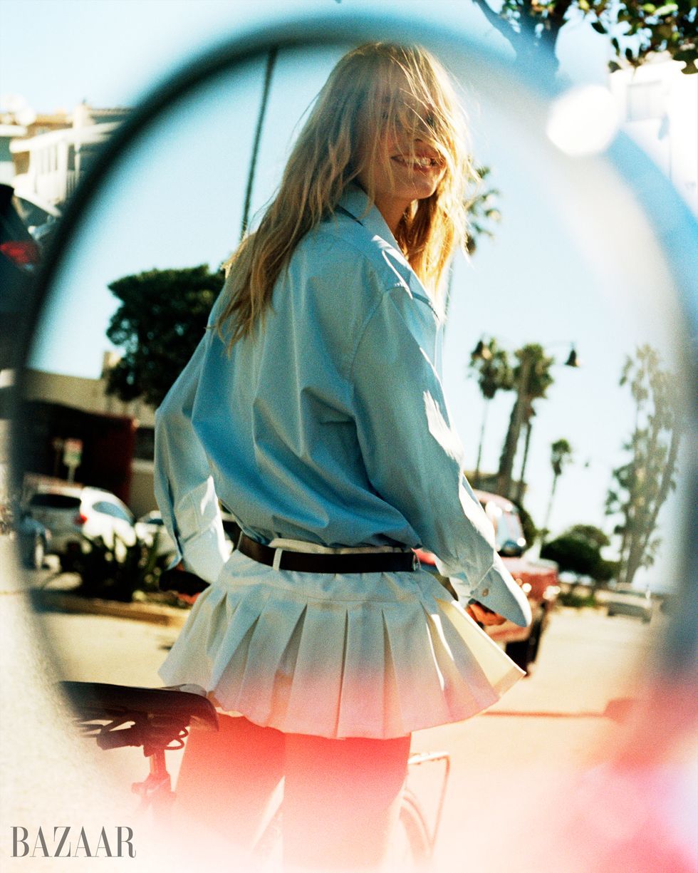 blonde model in denim top and skirt