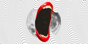 an open mouth is in the center of a full moon and squiggly lines