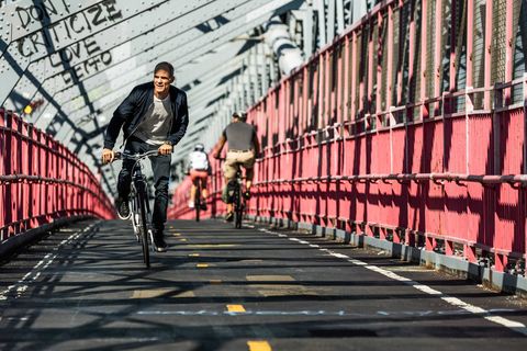 Michael Kelly riding his Brilliant bicycle on the Williamsburg Bridge In NYC in September 2019.