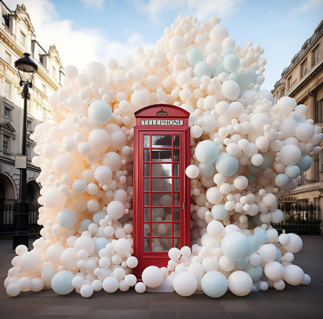 a red telephone booth with white balloons around it