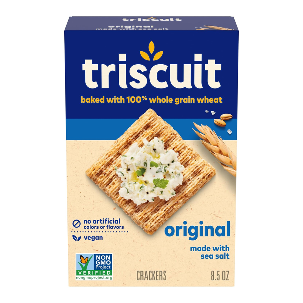 packaging for triscuit crackers featuring whole grain wheat and topping