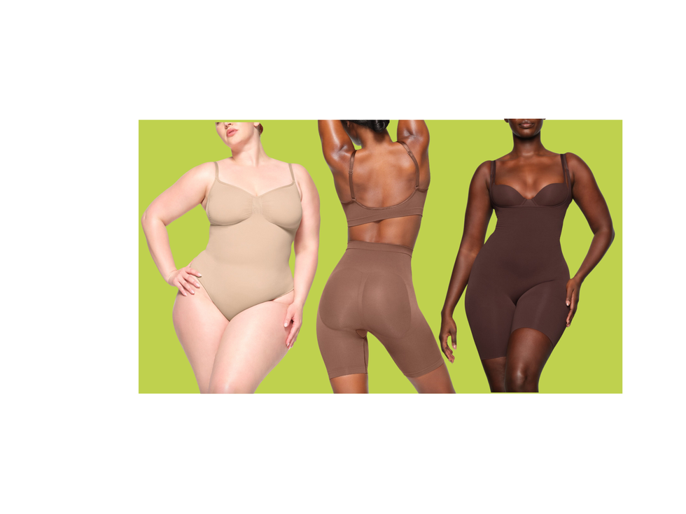 group of three individuals wearing shapewear in various styles and colors from skims