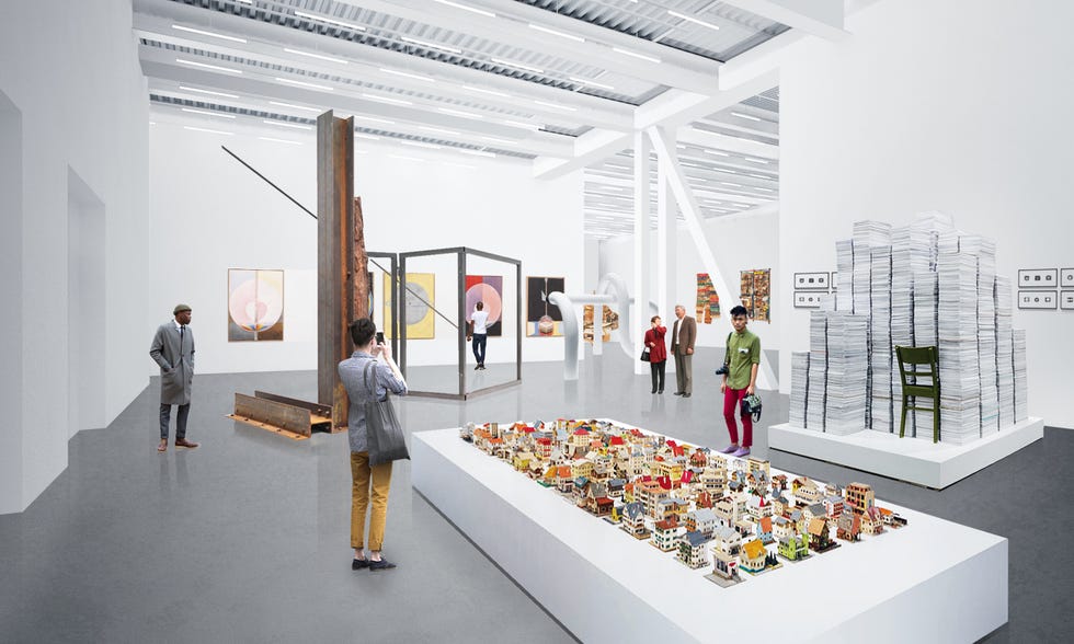 art gallery featuring various contemporary art installations and visitors engaging with the pieces