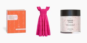 a journal, bath salts, and dress for expecting moms