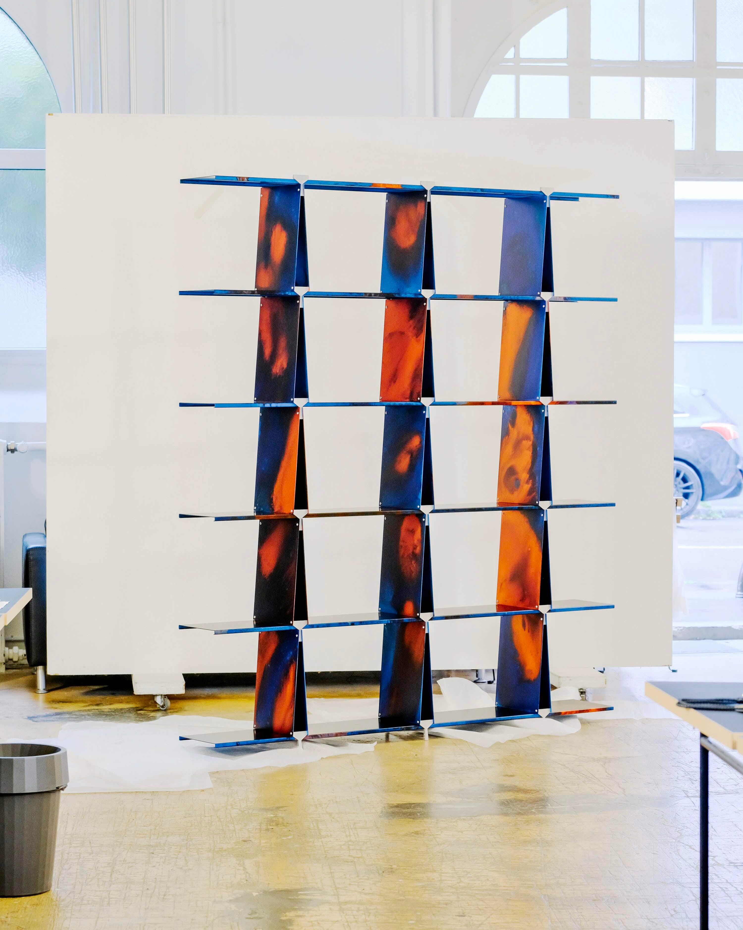 Philae bookcase by Raphael Kadid blue and orange marbled aluminium bookcase