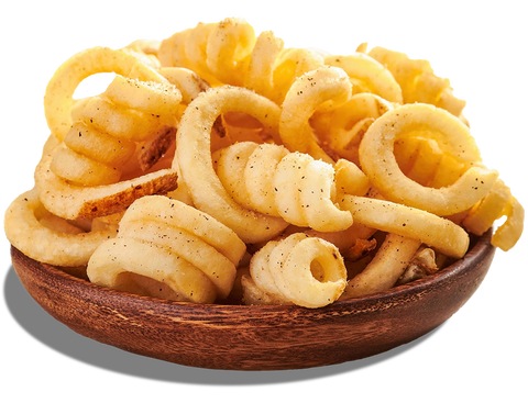 curly potato fries in a wooden bowl