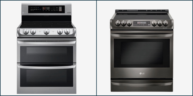 two modern stoves side by side one in stainless steel and the other in black finish