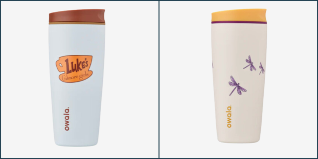 two branded tumblers side by side one featuring a coffee shop design and the other with a nature theme