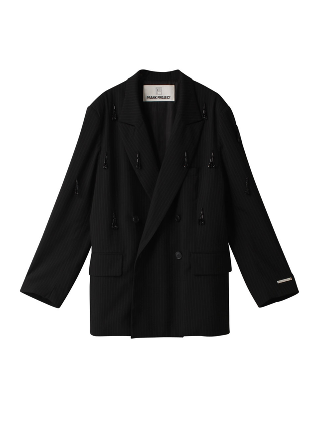a black jacket with a white tag