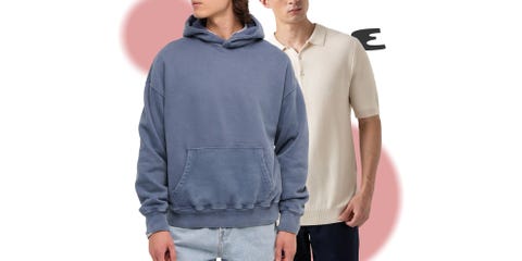 mens clothing display featuring a hoodie and a polo shirt