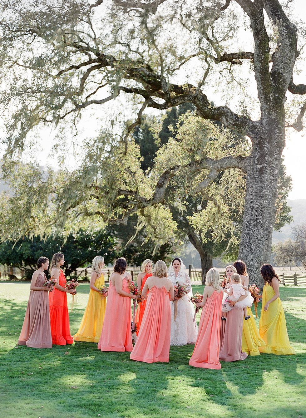 Branch, Tree, People in nature, Dress, Formal wear, Gown, Peach, Beauty, Tradition, Spring, 