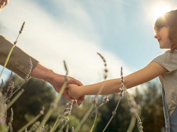 a handholding moment between an adult and a child in a lavender field