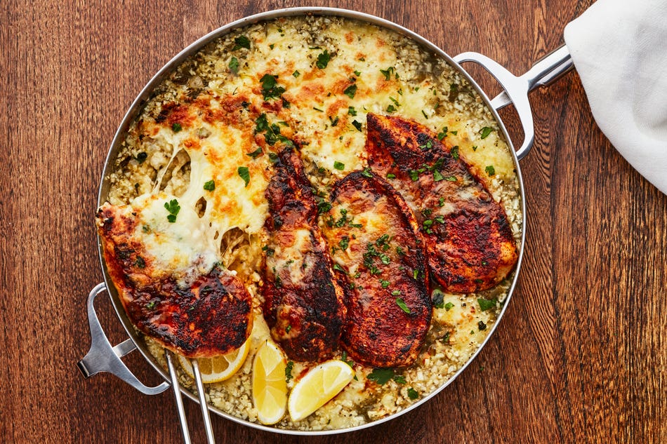 cheesy cauliflower chicken rice skillet delish