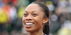 EUGENE, OR - JUNE 30:  Allyson Felix celebrates after winning the Women's 200 Meter Dash Final on day nine of the U.S. Olympic Track & Field Team Trials at the Hayward Field on June 30, 2012 in Eugene, Oregon.  (Photo by Christian Petersen/Getty Images) *** Local Caption *** Allyson Felix