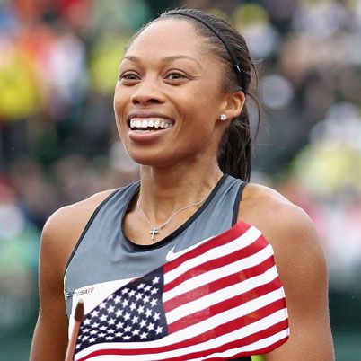 EUGENE, OR - JUNE 30:  Allyson Felix celebrates after winning the Women's 200 Meter Dash Final on day nine of the U.S. Olympic Track & Field Team Trials at the Hayward Field on June 30, 2012 in Eugene, Oregon.  (Photo by Christian Petersen/Getty Images) *** Local Caption *** Allyson Felix
