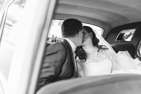 Photograph, White, Bride, Luxury vehicle, Wedding, Ceremony, Black-and-white, Snapshot, Photography, Dress, 