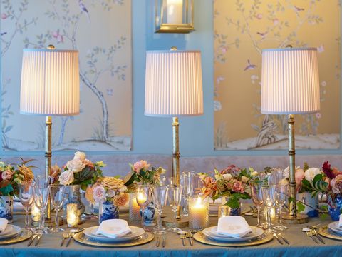 Blue, Lighting, Lighting accessory, Turquoise, Lampshade, Room, Yellow, Light fixture, Interior design, Table, 