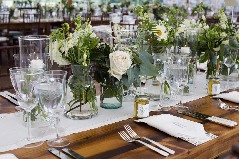Green, Table, Rehearsal dinner, Flower, Plant, Centrepiece, Glass, Furniture, Event, Bouquet, 