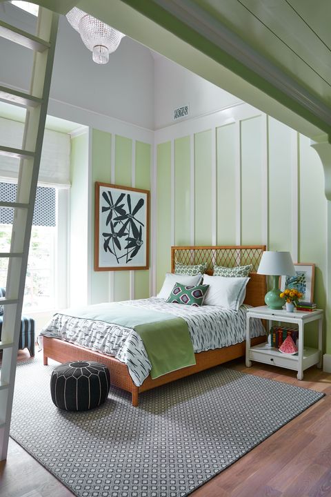 Furniture, Bedroom, Bed, Room, Interior design, Ceiling, Bed frame, Green, Property, Bed sheet, 