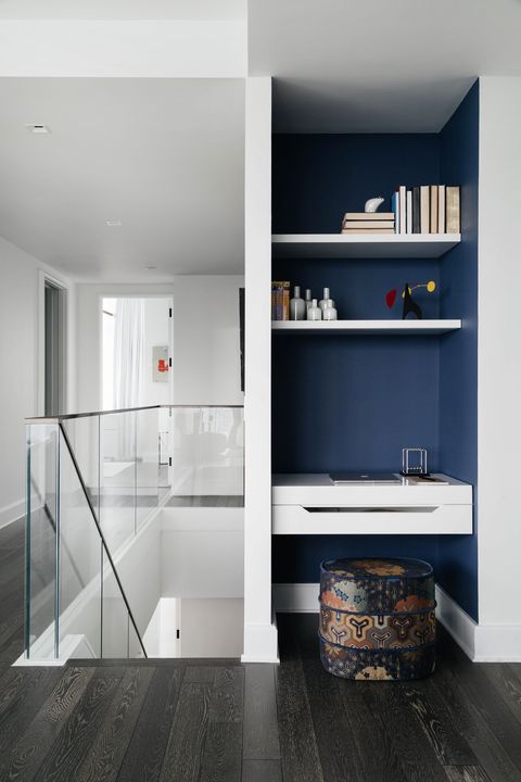 study nook, blue wall, white desk, stairs