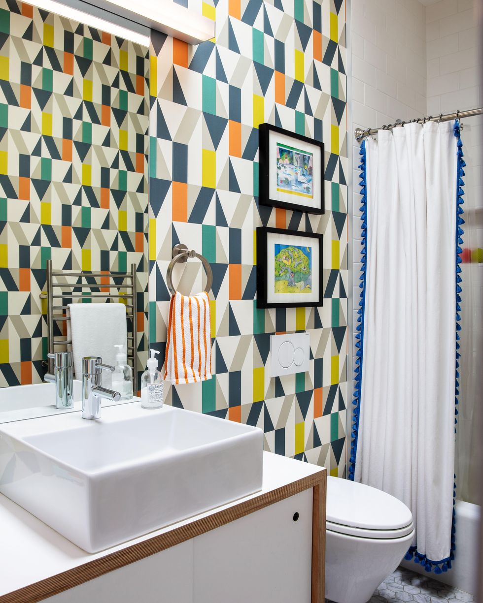 Bathroom, Room, Interior design, Shower curtain, Yellow, Wall, Curtain, Tile, Home, Bathroom accessory, 