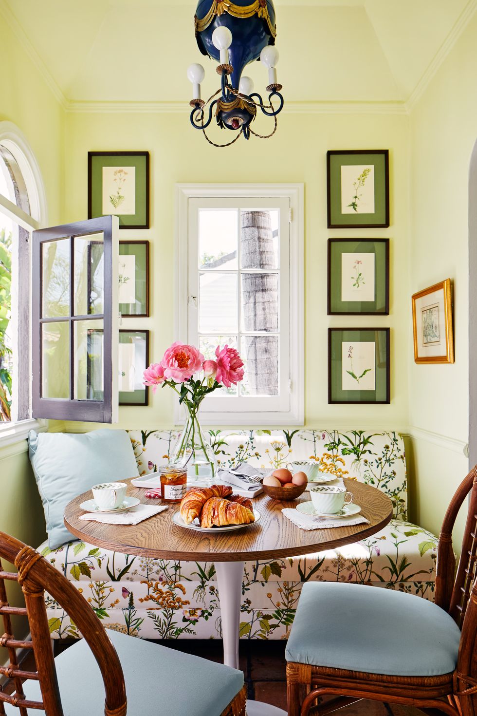 kevin isbell, breakfast nook, table, wooden chairs, green painted walls