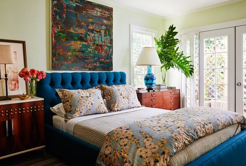 kevin isbell, bedroom, blue headboard, green walls