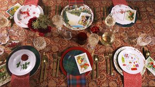 Dishware, Plate, Tableware, Christmas eve, Meal, Dinnerware set, Tablecloth, Porcelain, Textile, Platter, 