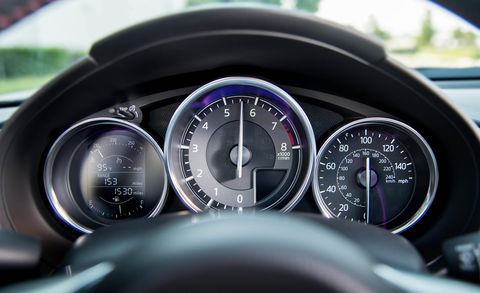 Speedometer, Car, Vehicle, Gauge, Auto part, Tool, Measuring instrument, Mazda, Tachometer, Personal luxury car, 