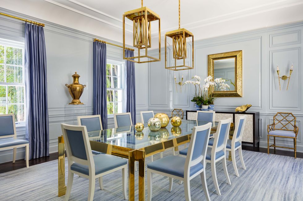 Room, Dining room, Furniture, Property, Interior design, Blue, Yellow, Ceiling, Table, Home, 