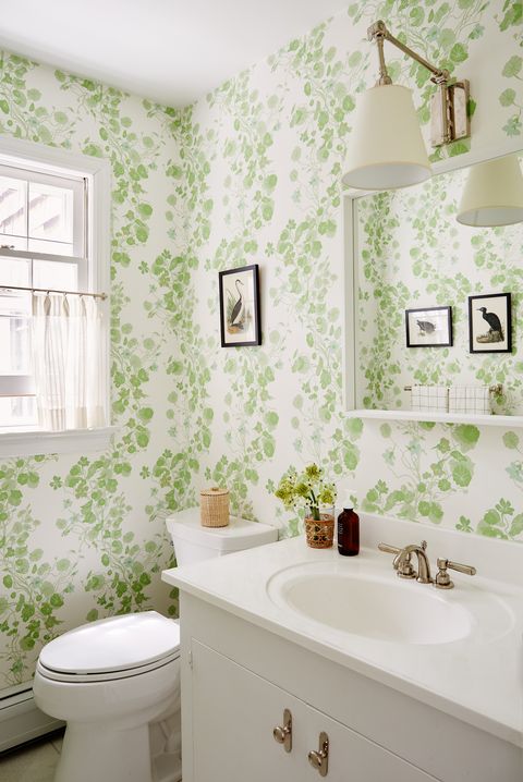 bathroom, green and white wallpaper, bird artwork