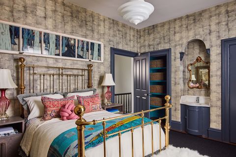 bed, wallpaper, brass bed, blue paint, pillows, pendant
