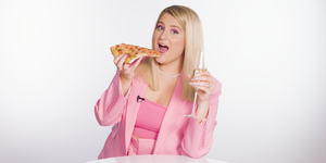 Pink, Blond, Lip, Eating, Snack, Junk food, Mouth, Outerwear, Food craving, Neck, 
