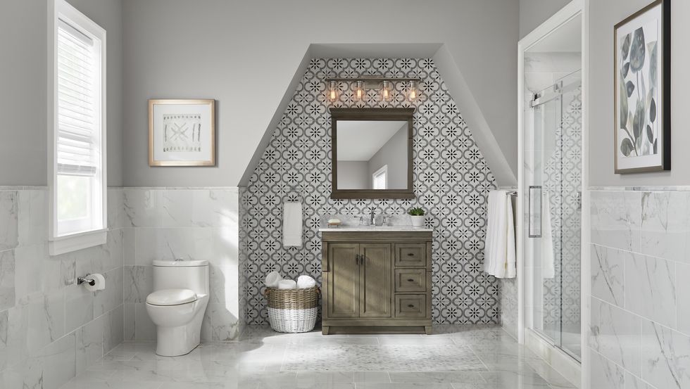 "306080848 boswell quarter 4 light brushed nickel vanity light with painted weathered gray wood accents308461080 azila 8" x8" glazed porcelain floor and wall tile 516 sq'  case303096195 everly 8" 2 handle bathroom faucet303569819 everly 24" towel bar303569810 everly double post toilet paper holder303569830 everly towel ring205840982 tofino complete 1 pc elongated toilet w slow close seat309903256 egyptian 18 pc towel set306080941 3 light brushed nickel semi flush mount with clear glass shade301165221 calacatta cressa herringbone 12 in x 12 in x 10 mm honed marble mesh mounted mosaic tile 94 sq ft  case205138045 carrara glazed polished porcelain floor and wall tile305860873 passage 60" x72" frameless sliding shower door clear glass303656335 everly h2o kinetic single handle 3 spray tubshower sprayer206487128 naples 37" bath vanity310822770 round wicker baskets s3309429513 water leaves i framed wall art 30x24203869005 "tribal etched lines d" wall art 20x201320057 thd 2020 summer bath event interconnected  pirrello"