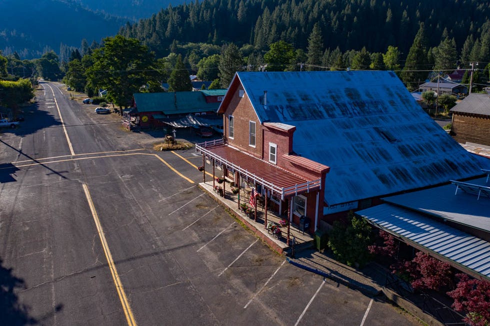 overhead view of an old mining town in lost sierra