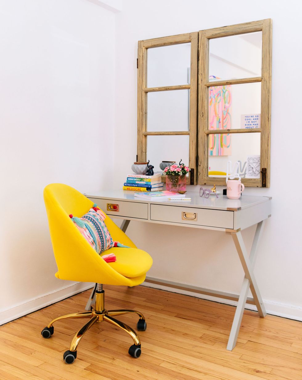 yellow chair, desk
