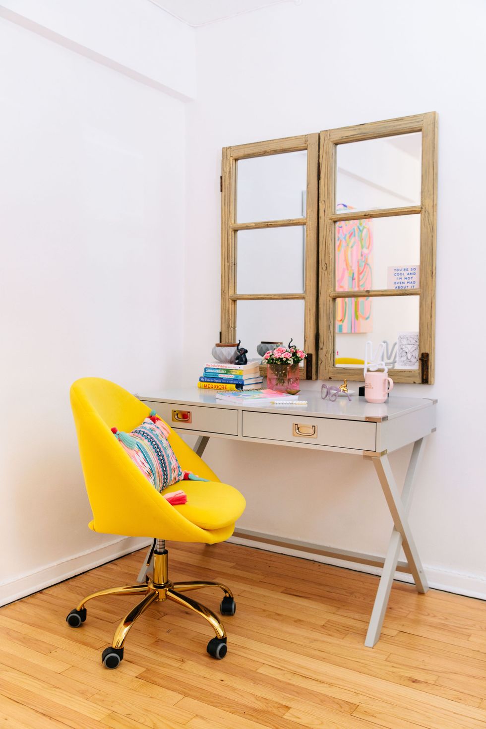 yellow chair, desk