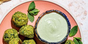 herby baked falafel with spicy mint tahini dip