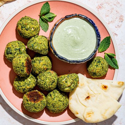 herby baked falafel bites with spicy mint tahini dip